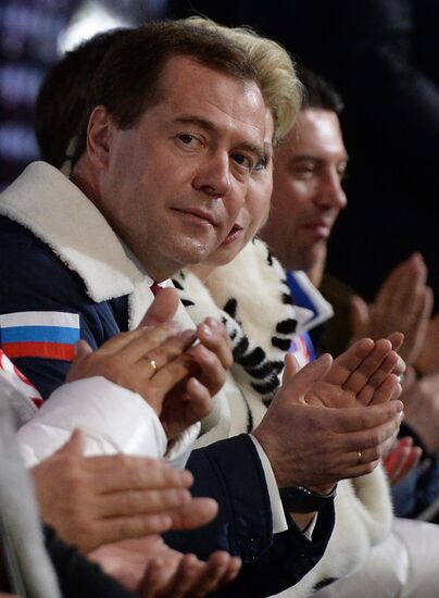 Vladimir Putin and Dmitry Medvedev at closing ceremony of XXII Olympic Winter Games in Sochi