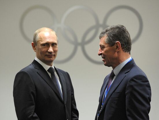 Vladimir Putin and Dmitry Medvedev at closing ceremony of XXII Olympic Winter Games in Sochi