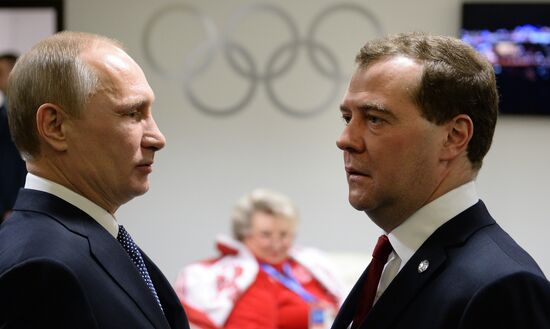 Vladimir Putin and Dmitry Medvedev at closing ceremony of XXII Olympic Winter Games in Sochi