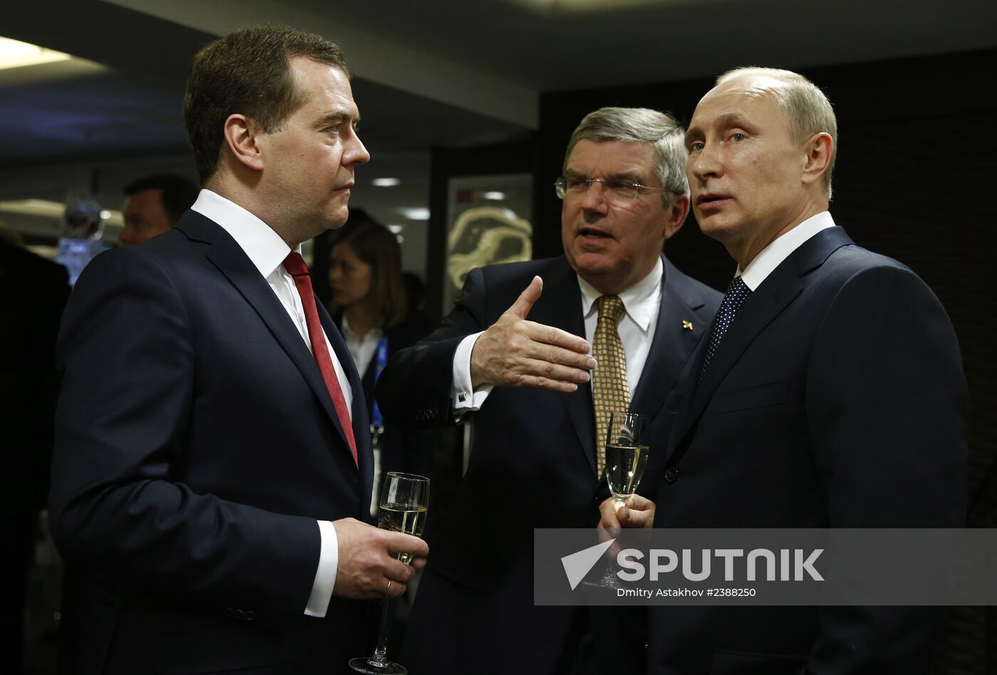 Vladimir Putin and Dmitry Medvedev at closing ceremony of XXII Olympic Winter Games in Sochi