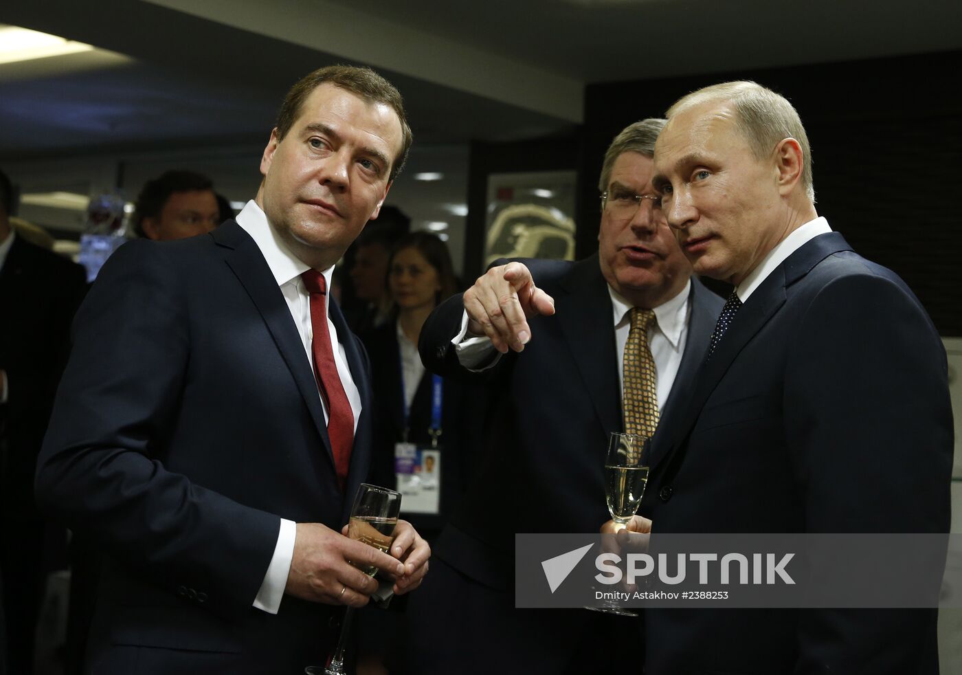 Vladimir Putin and Dmitry Medvedev at closing ceremony of XXII Olympic Winter Games in Sochi