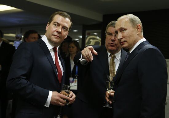 Vladimir Putin and Dmitry Medvedev at closing ceremony of XXII Olympic Winter Games in Sochi