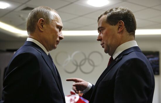 V.Putin and D.Medvedev at closing ceremony of XXII Olympic Winter Games in Sochi