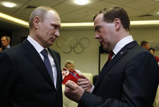 V.Putin and D.Medvedev at closing ceremony of XXII Olympic Winter Games in Sochi