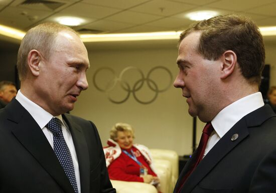 V.Putin and D.Medvedev at closing ceremony of XXII Olympic Winter Games in Sochi