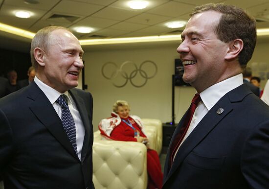 V.Putin and D.Medvedev at closing ceremony of XXII Olympic Winter Games in Sochi