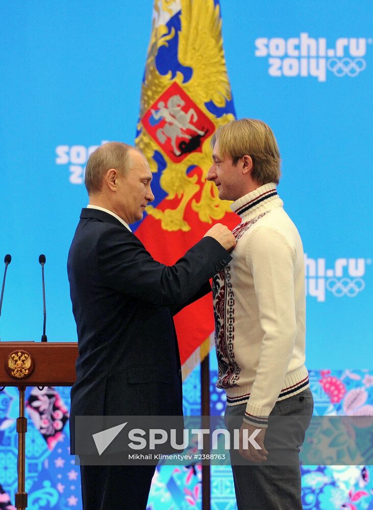Vladimir Putin during award ceremony for Russian Olympic medalists in Sochi