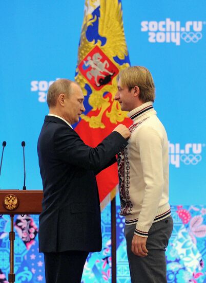 Vladimir Putin during award ceremony for Russian Olympic medalists in Sochi