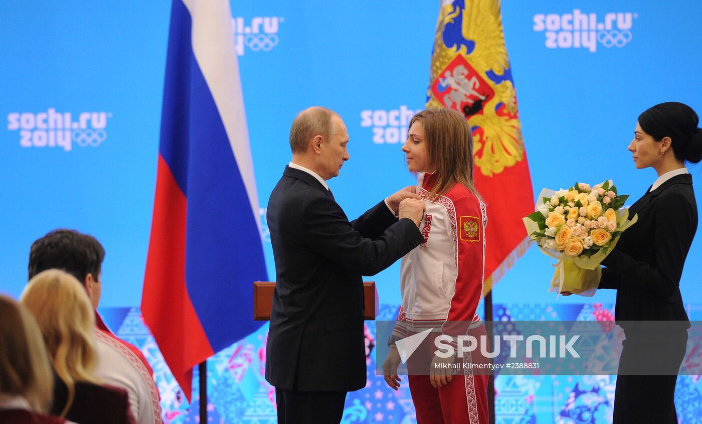 Vladimir Putin during award ceremony for Russian Olympic medalists in Sochi