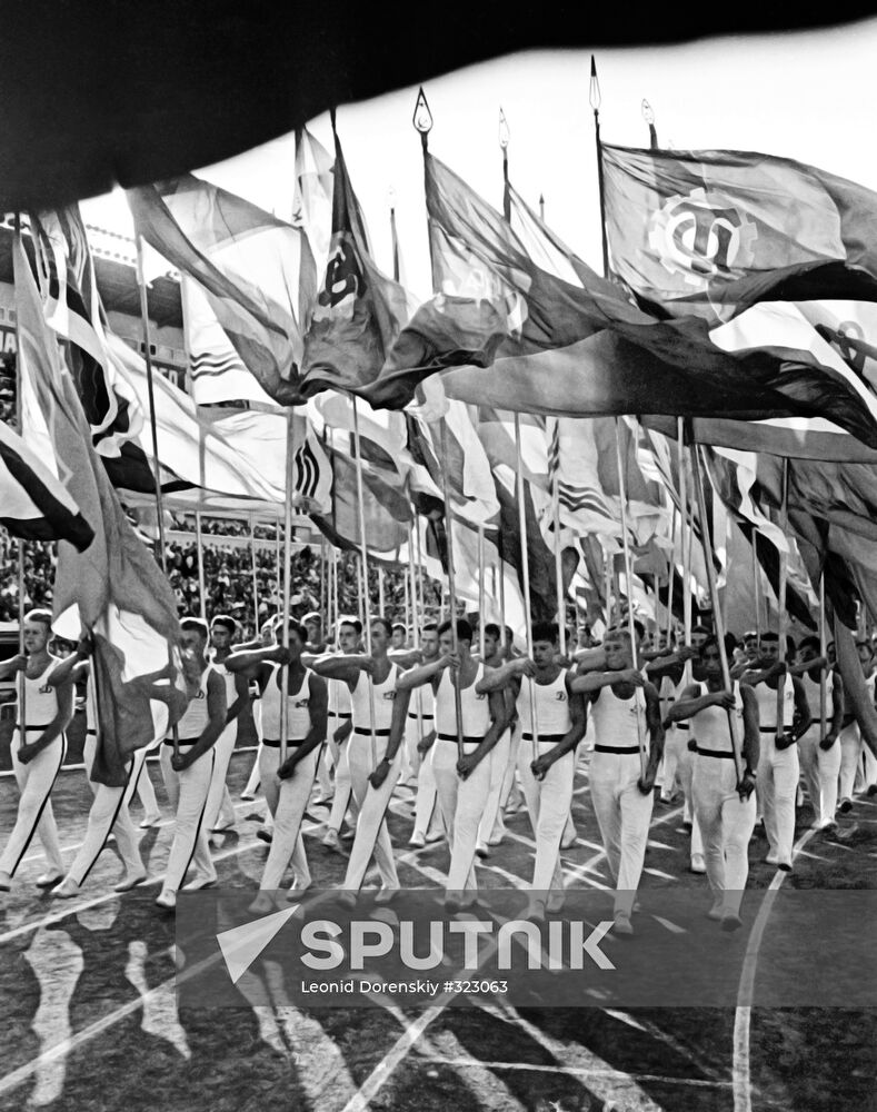 Sportsmen parade at Luzhniki stadium