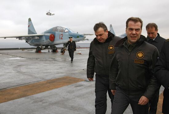President Medvedev aboard the Admiral Kuznetsov cruiser