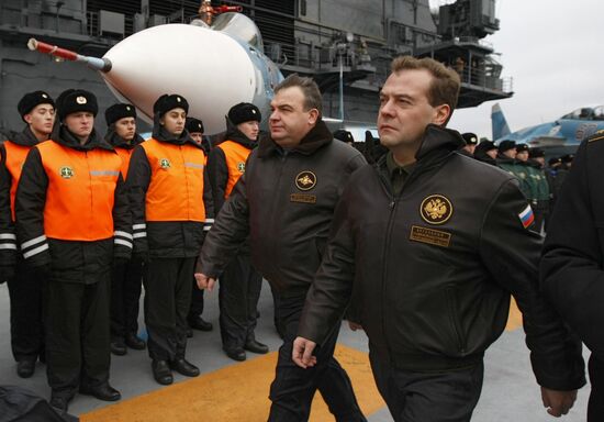 President Medvedev aboard the Admiral Kuznetsov cruiser