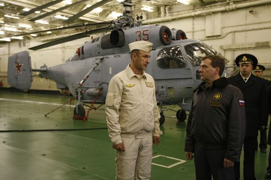 President Medvedev aboard the Admiral Kuznetsov cruiser
