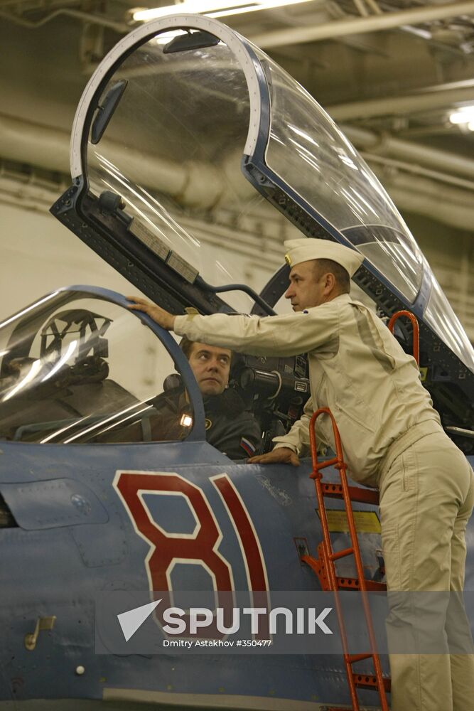 President Medvedev aboard the Admiral Kuznetsov cruiser