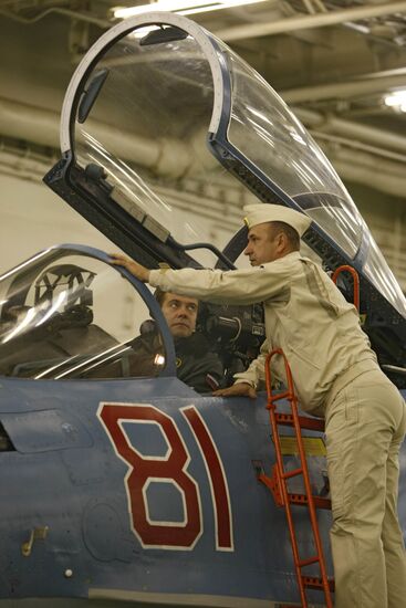 President Medvedev aboard the Admiral Kuznetsov cruiser