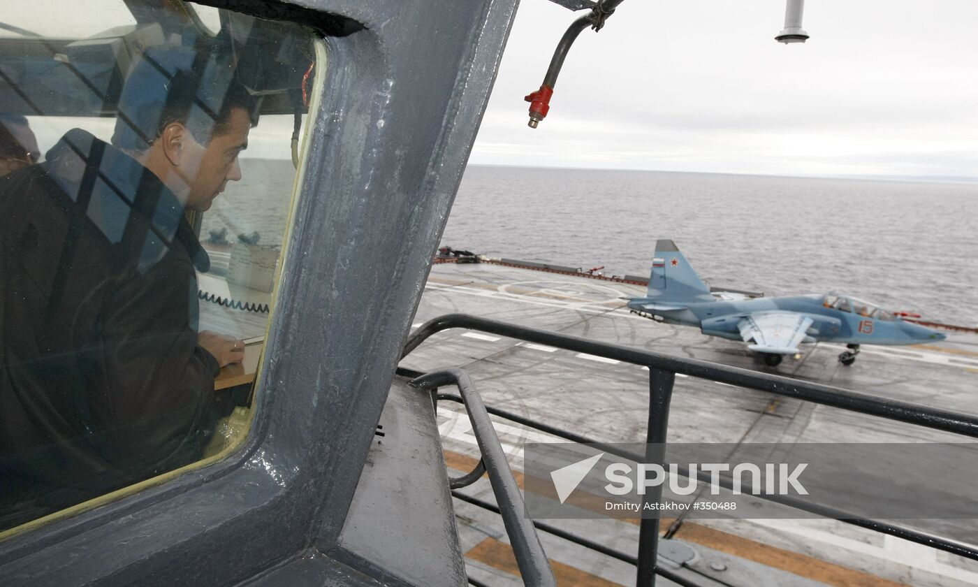 President Medvedev aboard the Admiral Kuznetsov cruiser