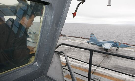 President Medvedev aboard the Admiral Kuznetsov cruiser