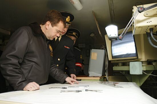 President Medvedev aboard the Admiral Kuznetsov cruiser