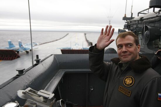 President Medvedev aboard the Admiral Kuznetsov cruiser