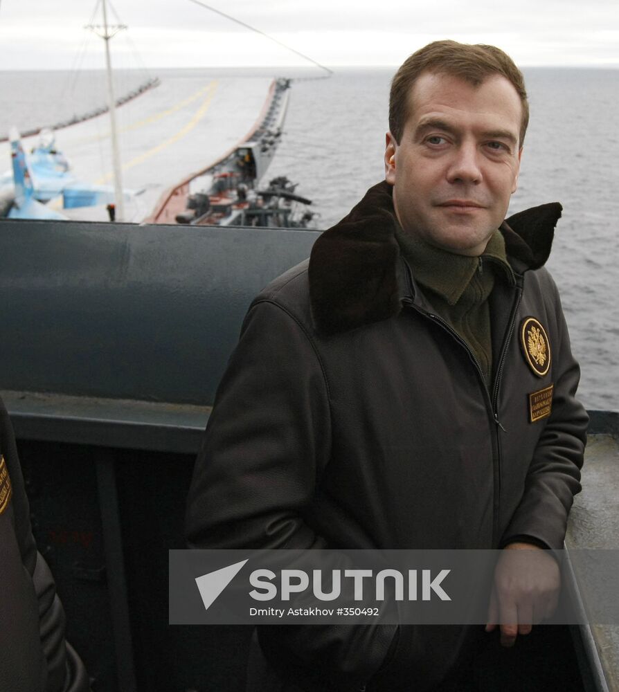 President Medvedev aboard the Admiral Kuznetsov cruiser