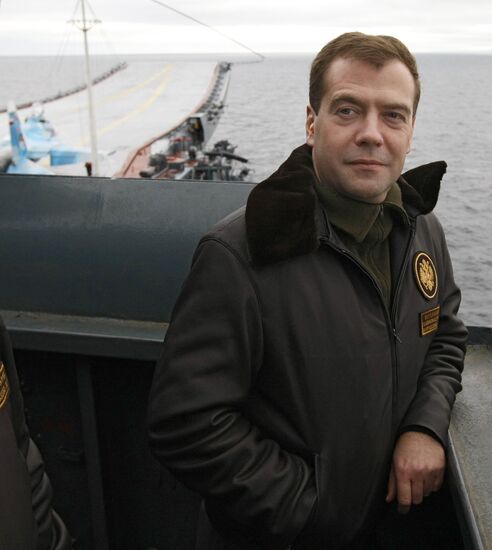 President Medvedev aboard the Admiral Kuznetsov cruiser