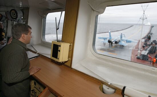 President Medvedev aboard the Admiral Kuznetsov cruiser