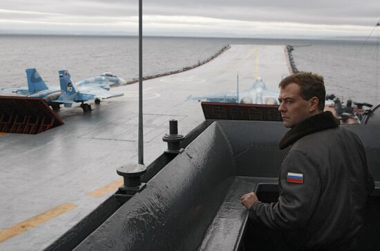 President Medvedev aboard the Admiral Kuznetsov cruiser