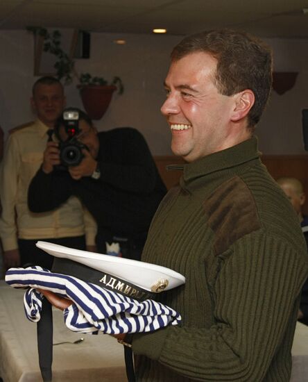 President Medvedev aboard the Admiral Kuznetsov cruiser