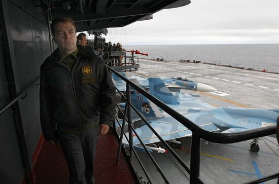 President Medvedev aboard the Admiral Kuznetsov cruiser