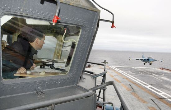 President Medvedev aboard the Admiral Kuznetsov cruiser
