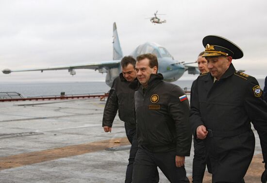 President Medvedev aboard the Admiral Kuznetsov cruiser
