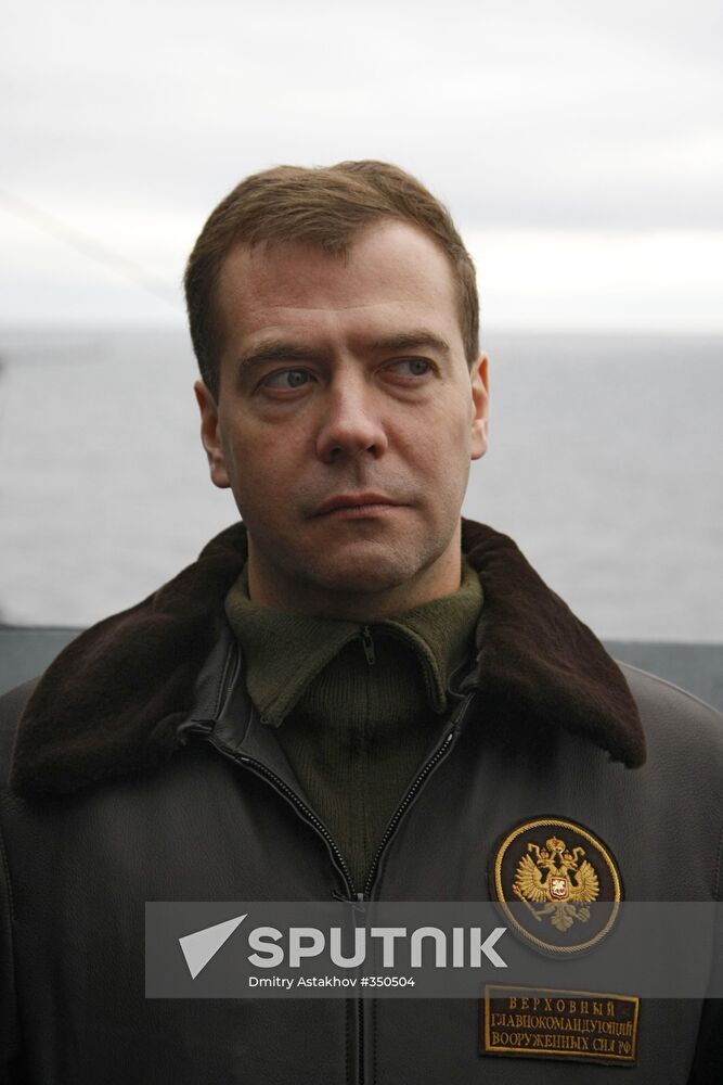 President Medvedev aboard the Admiral Kuznetsov cruiser