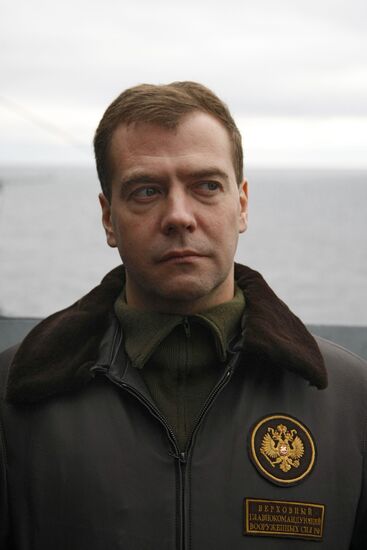 President Medvedev aboard the Admiral Kuznetsov cruiser