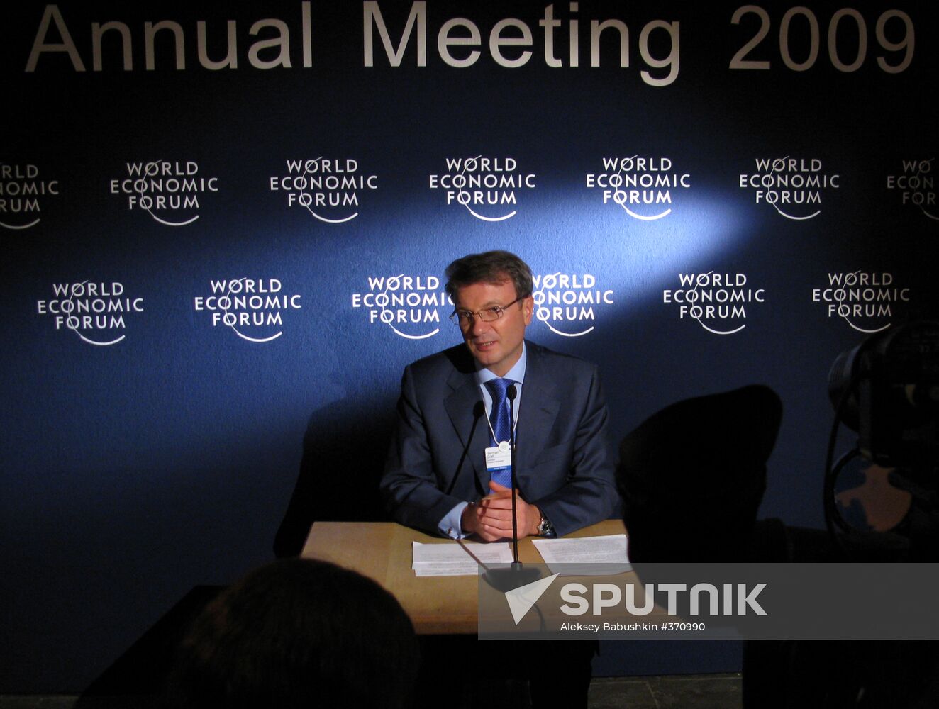 German Gref gives briefing at World Economic Forum in Davos