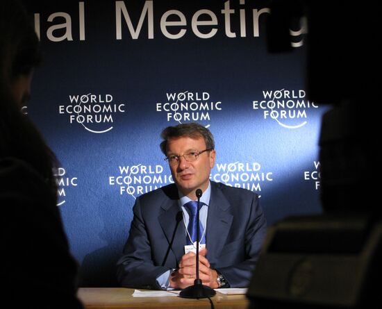 German Gref gives briefing at World Economic Forum in Davos