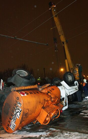 Gasoline truck and streetcar collided in Moscow