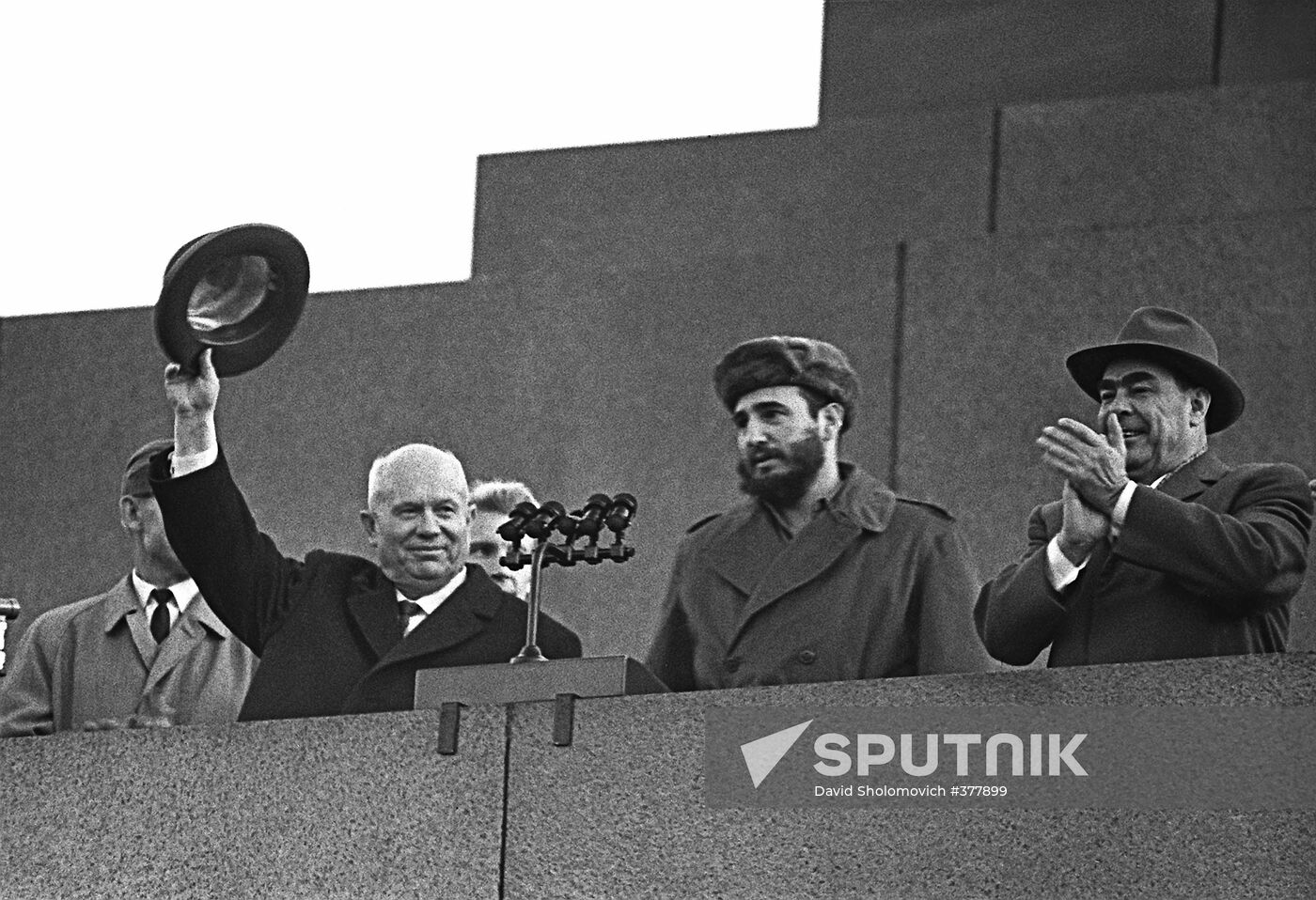 Nikita Khrushchev, Fidel Castro and Leonid Brezhnev on Lenin Mausoleum