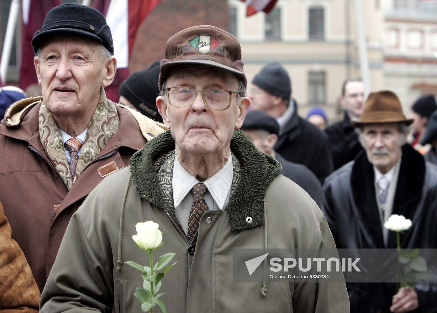 Waffen SS legionnaires and their supporters marching in Riga
