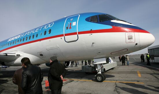 Sukhoi SuperJet-100 planes at Tolmachyovo airport