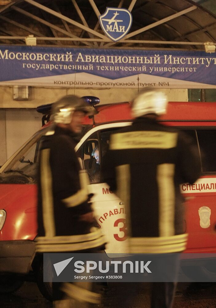 Putting out a fire at Moscow Aviation Institute