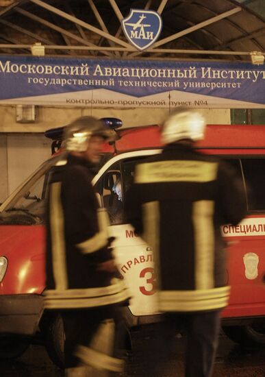 Putting out a fire at Moscow Aviation Institute