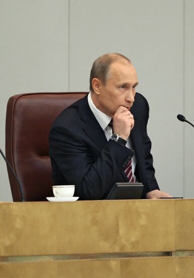 Prime Minister Vladimir Putin speaks in State Duma