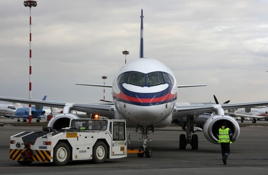 Sukhoi SuperJet 100 airliner at Vnukovo-3 airport
