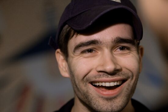 Actor Pyotr Fyodorov at a news conference in Moscow