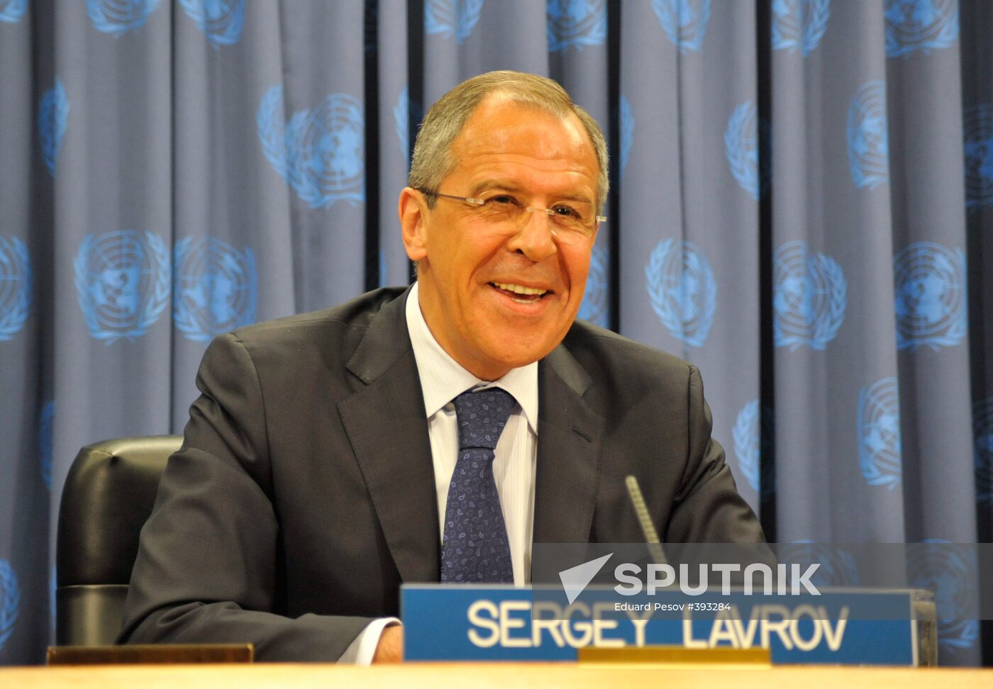 Sergei Lavrov at a news conference in New York City
