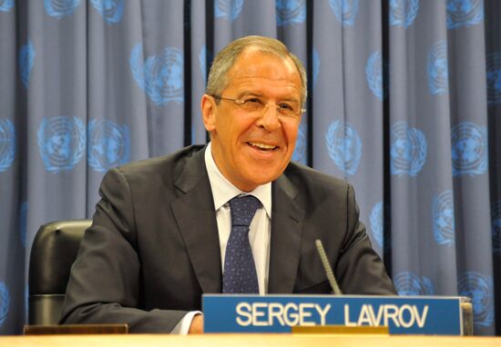 Sergei Lavrov at a news conference in New York City