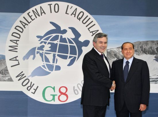 Gordon Brown, Silvio Berlusconi attend 2009 G8 summit