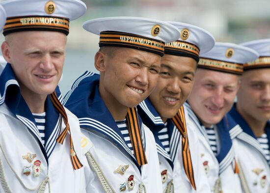 Guided missile cruiser Moskva sailors