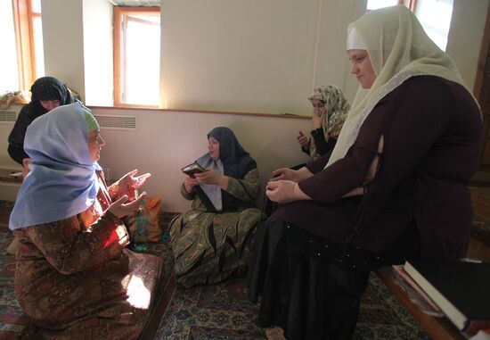 Muslim believers perform prayer at Moscow Congregational Mosque