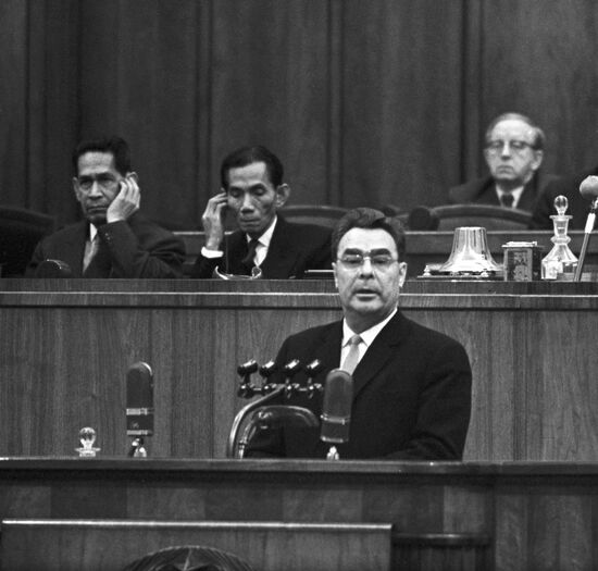 Leonid Brezhnev, Chairman of the Presidium of the Supreme Council of the USSR, addressing a meeting